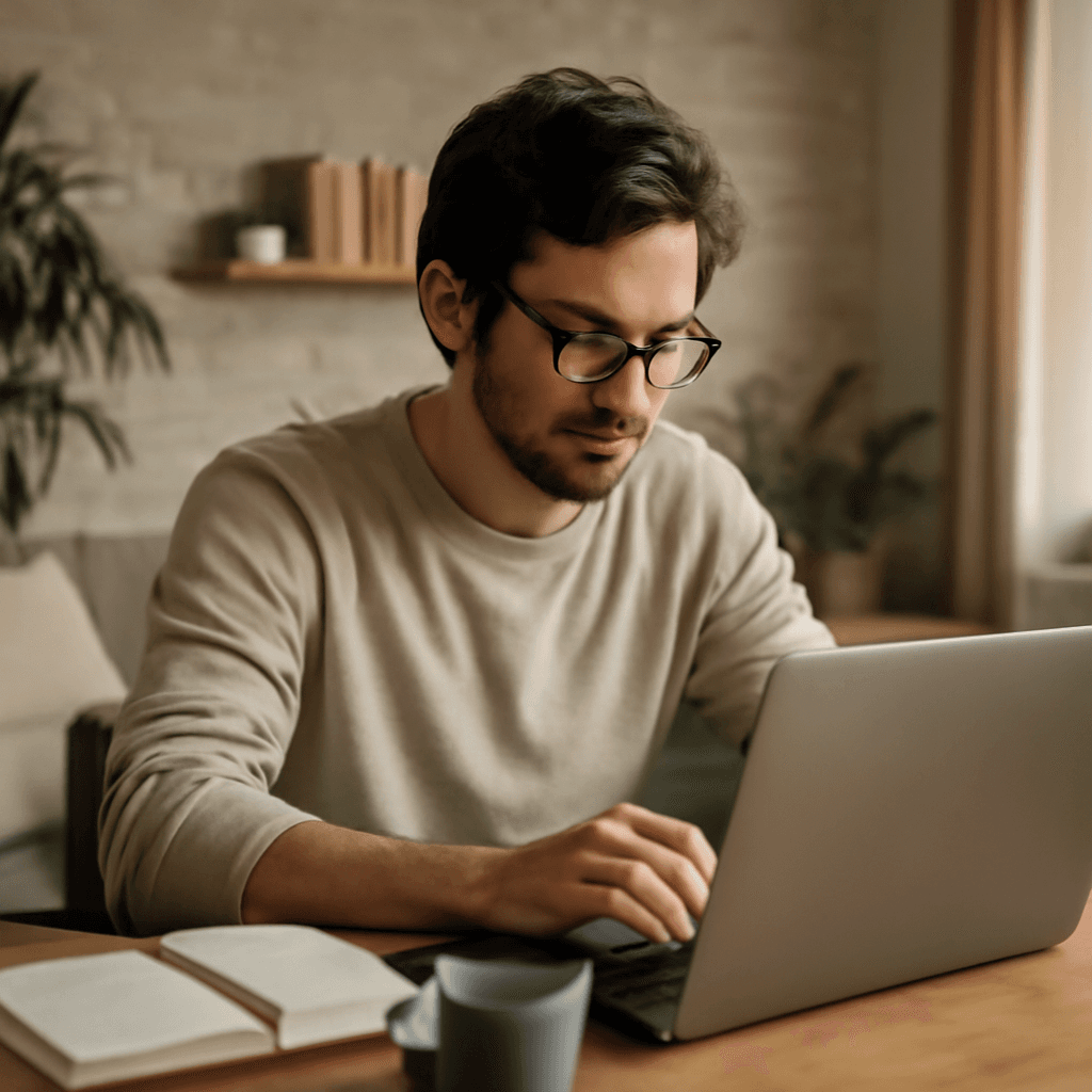 Freelancer trabajando con tranquilidad en su laptop, representando la seguridad financiera
